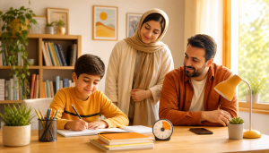 کودک ایرانی در حال انجام تکلیف با حمایت آرام والدین در فضای مطالعه منظم